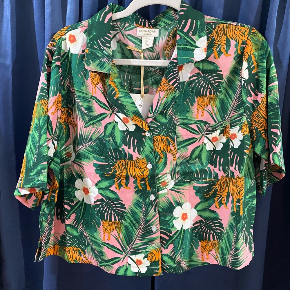 Cynthia Rowley Pink and Green Tropical Button Down Shirt
